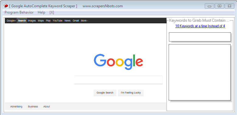 Image of Google AutoComplete Keyword Scraper Software when Program First Loads.