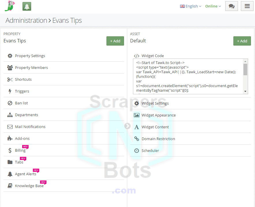 Tawkto Administration Page To Customize The Chat Analytics Application.