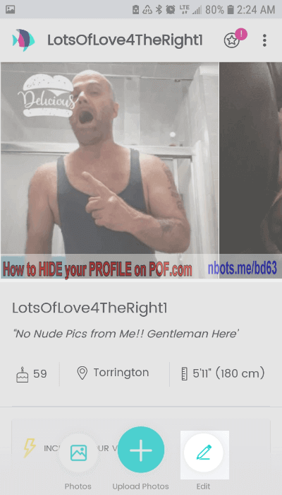 Image of How To Hide Profile POF App Click Edit Profile Button.
