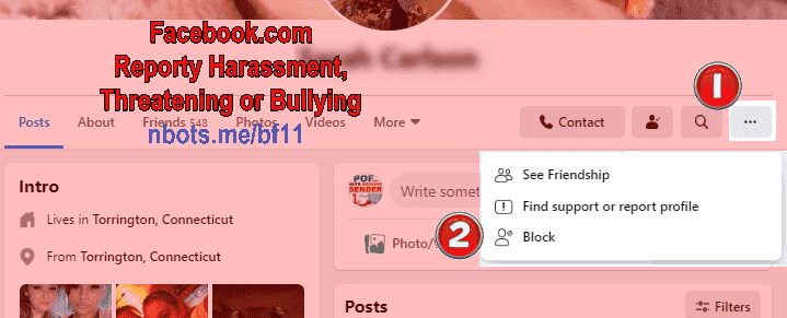 Image of How to Report Person On Facebook For Harassment ①Click Profile Ellipse ②Click Find Support Or Report Profile.