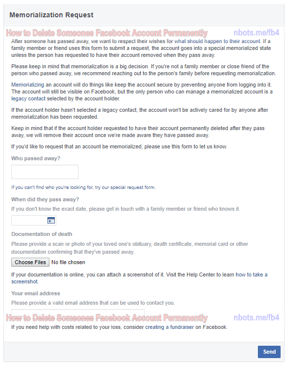 Facebook memorialization request page to have their account permanently deleted.