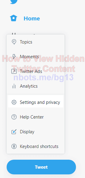 Image of View Twitter Hidden Content Click Settings And Privacy Menu Item.