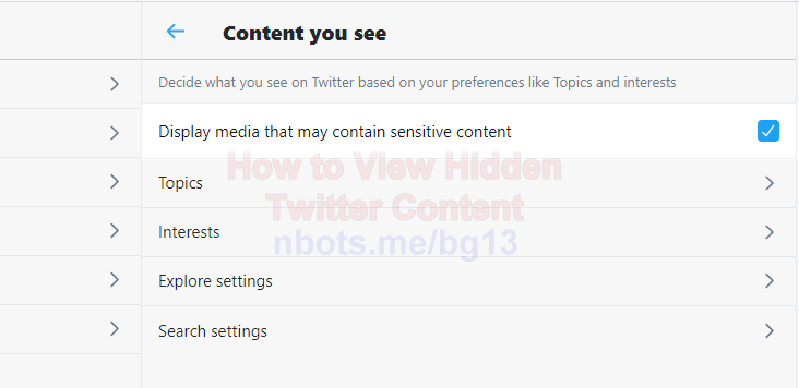 Image of View Twitter Hidden Content Check Display Media That May Contain Sensitive Data Checkbox.