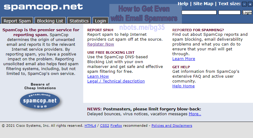 Image of Get Even With Email Spammer Spamcop Website.