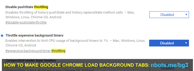 Image of Google Chrome Flags Page Setting Throttle Expensive Timers.