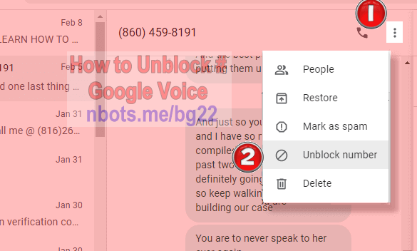 Image of Google Voice Unblock Number Select Phone Number Menu Click Submenu Unblock Number.