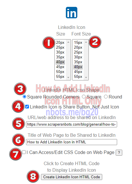 Image of Instructions how to use LinkedIn HTML Icon Creator.