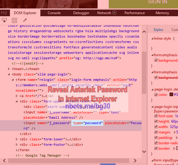 Image of Reveal Asterisk Password Internet Explorer Change Type Equals Password To Type Equals Text.