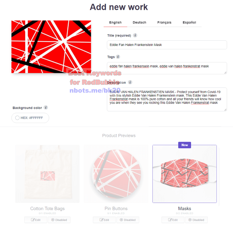 Image of Redbubble Add New Work Page.