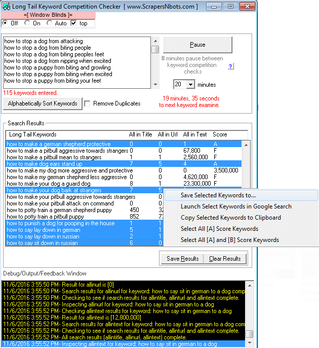 List of grade [A] long tail keywords phrases in Long Tail Keyword Competition Checker software.
