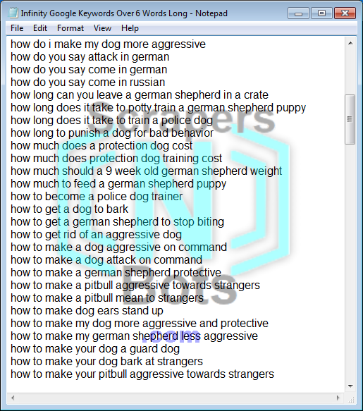 Infinity Google Keywords keyword list saved to and then opened with notepad.