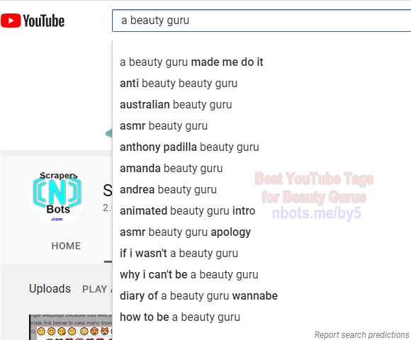 Image of Scraping YouTube with Letter [a] to Find Beauty Guru Tags.