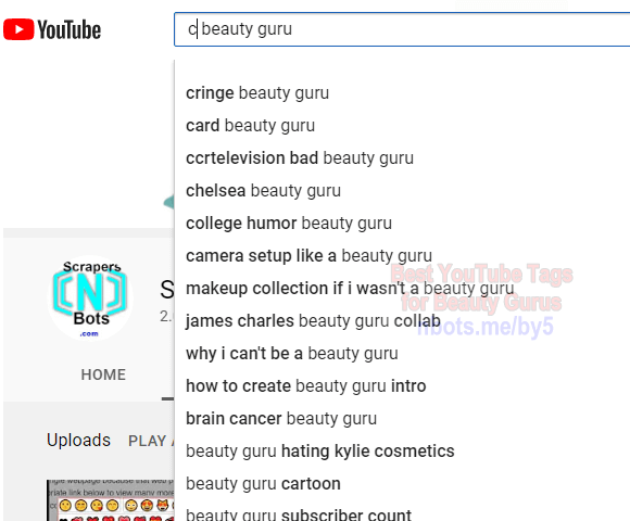Image of Scraping YouTube with Letter [c] to Find Beauty Guru Tags.