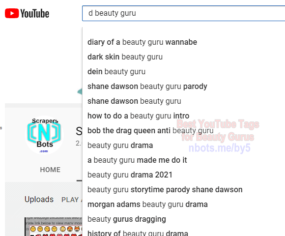 Image of Scraping YouTube with Letter [d] to Find Beauty Guru Tags.