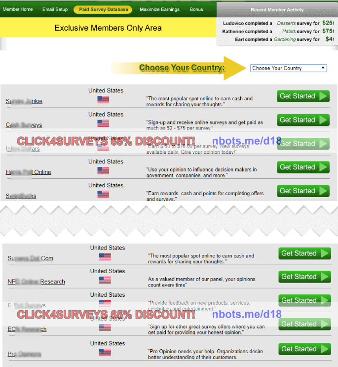Click4Surveys Members Area Containing Hundreds of Real Paid for Opinion Surveys.