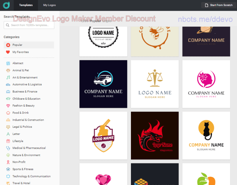 Image of DesignEvo Members Area to Create Logos from a Template or Start from Scratch.