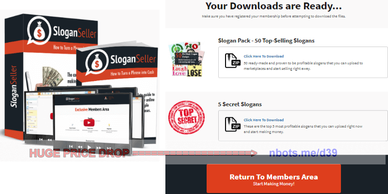 Image of Slogan Seller Software Box Plus Screen Shot of Downloads Page for Slogan Seller Members.