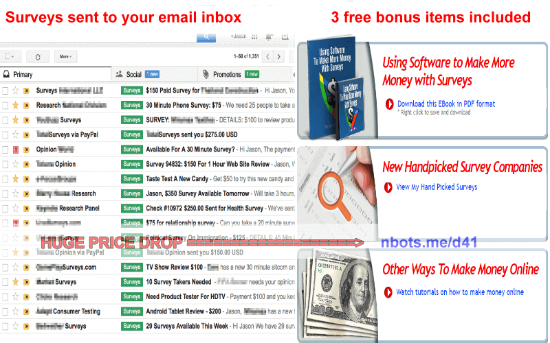 Image of Take Surveys for Cash Daily Survey Offers Emailed to you Plus 3 Free Bonus Downloads.