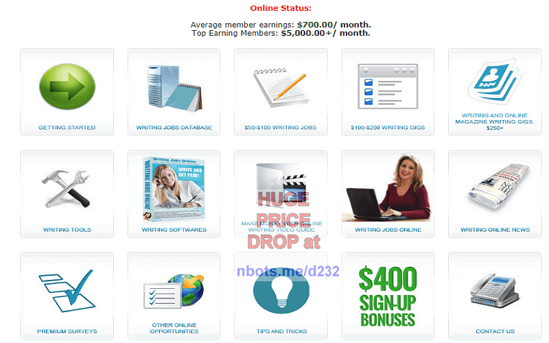 Image of Writing Jobs Online Members Area Showing Online Writing Jobs and Free Writing Software.