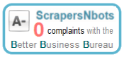 Scrapers〘N〙Bots Better Business Bureau Logo and Rating.