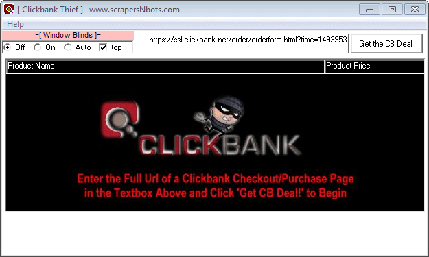 Image of Clickbank Thief Software After Entering A Clickbank Checkout Page Url.