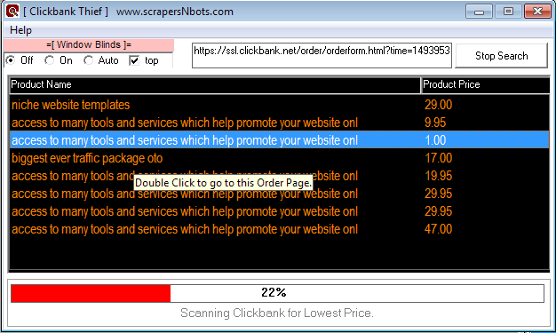 Image of Clickbank Thief Software Allows For Download And Purchase Of Lowest Price Item By Simply Double Clicking The Clickbank Item In The Software Window.