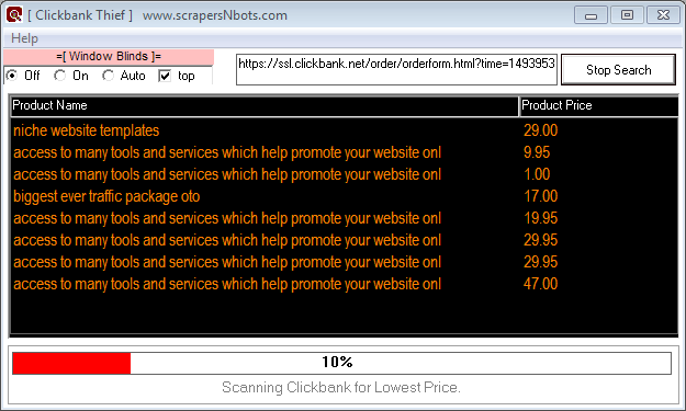 Image of Clickbank Thief Software In The Middle Of Scanning The Clickbank Marketplace For The Different Checkout Page Prices.