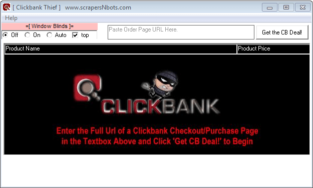 Image of Clickbank Thief Software when Program First Loads - Start Screen.