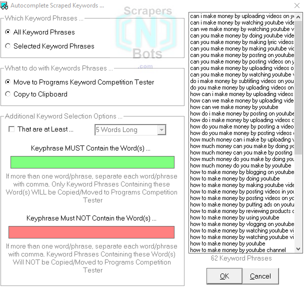 Image of Google Auto Complete Keyword Scraper options dialog box.