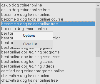 Right click keywords list options menu item.