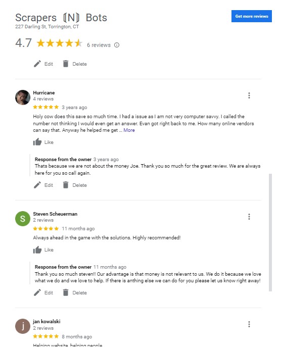 5 star reviews on Google reviews for scrapersnbotsnbots.com.