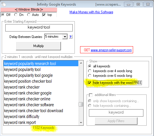 Image of Infinity Google Keywords With Free Filter Applied To Remove Keyword Phrases With The Word Free.