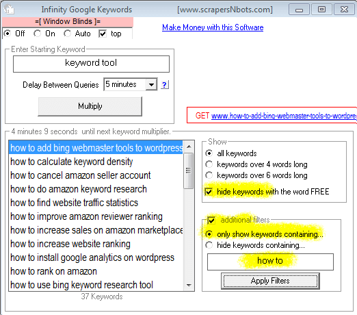 Image of Infinity Google Keywords With Special Custom Text Filter Applied.