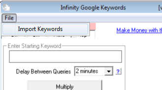 Image of Infinity Google Keywords Menu Item To Import And Sort Keywords.