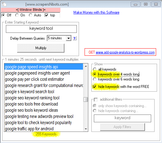 Image of Infinity Google Keywords Filtered To Only Display Long Tail Keywords Over 4 Words Long.