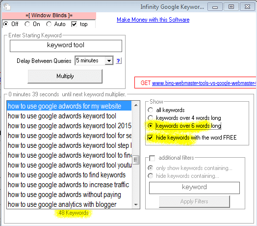 Image of Infinity Google Keywords Filtered To Only Display Long Tail Keywords Over 6 Words Long.