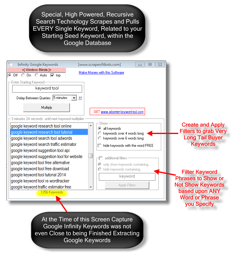 Image of Infinity Google Keywords software main screen with top features outlined.