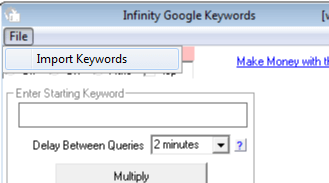 Image of Infinity Google Keywords File Menu.