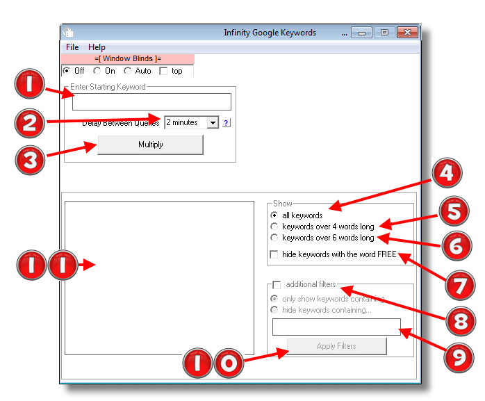 Image of Infinity Google Keywords Software with program features numbered for instructional purposes.