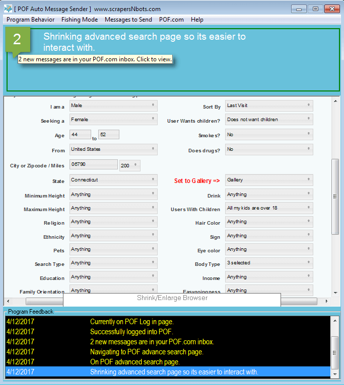 POF Auto Message Sender advanced singles search settings page.