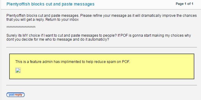 POF blog post about Plenty Of Fish policies regarding copy and paste messages (sending the same or similar message, over and over again). Image of a Plenty Of Fish blog post addressing copy and paste messages.