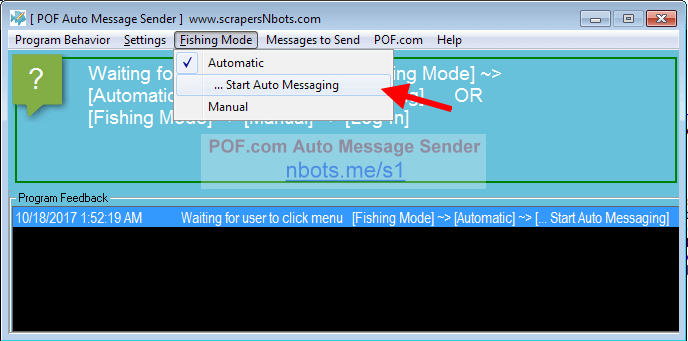 Menu items for running POF Auto Message Sender Bot in Automatic Mode.