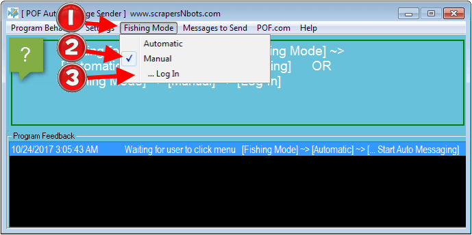 Image of how to run POF Auto Message Bot in Manual Mode.