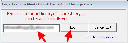 Log in dialog box for POF Auto Message Sender software.