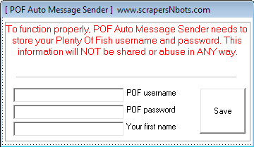POF Auto Message Sender settings dialog box where your POF.com username, password and first name are saved for message sending purposes.
