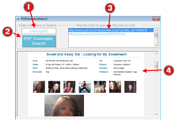Image of POF Username Search Software with features of the software numbered and highlighted for instructional reference. Image of POF Username Search Software.