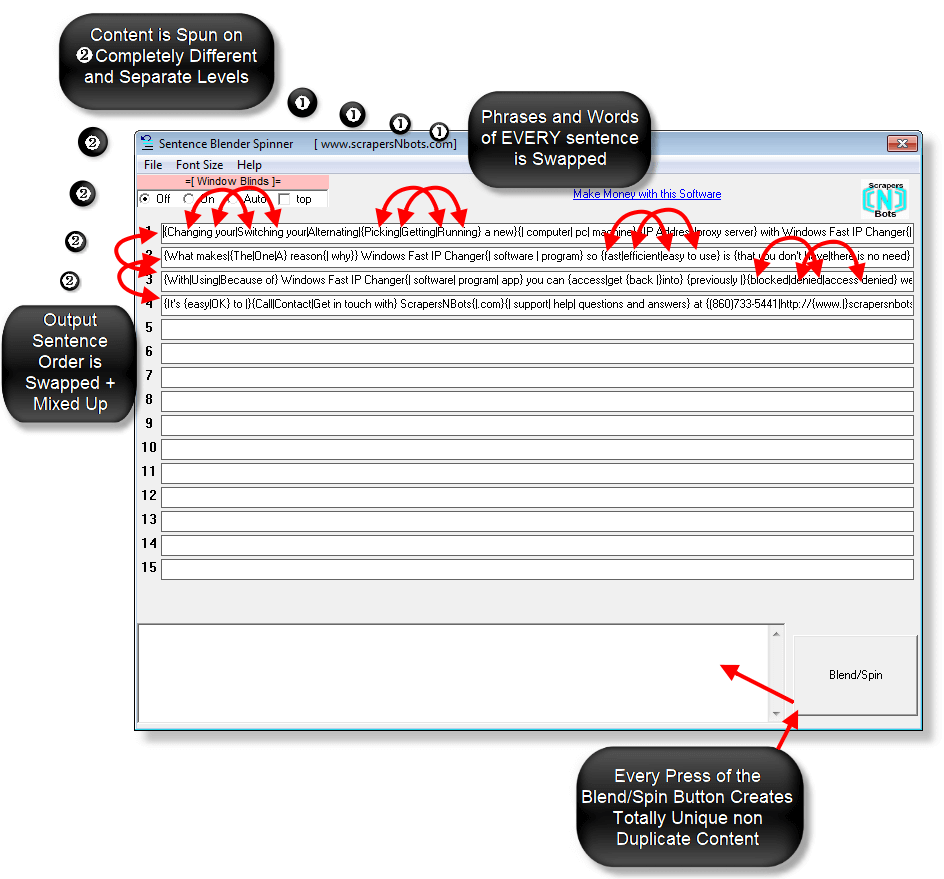 Image of Sentence Blender Spinner software main screen with top features outlined.