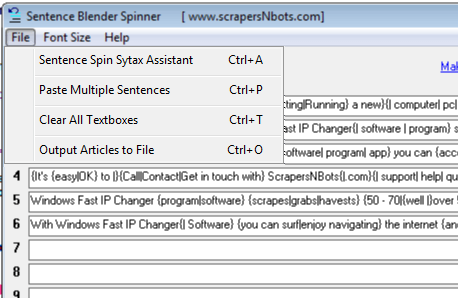 Image of Sentence Blender Spinning Options Menu.