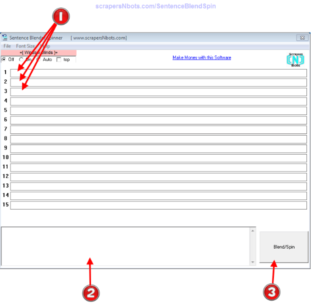 Image of Sentence Blender Spinner Software with program features numbered for instructional purposes.