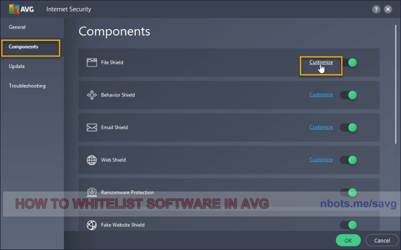 Image of 1 Avg File Shield Whitelisting Components Tab.
